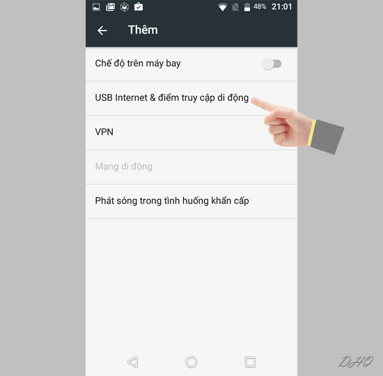 Chọn USB Internet & điểm truy cập di động